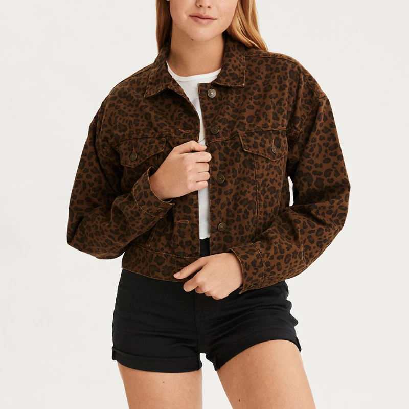 Fashionable  anti-shrink denim women Leopard crop jackets customized jeans jackets for ladies