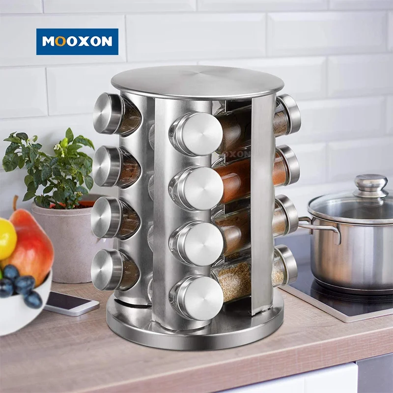 Amazon Multipurpose 12pcs Stainless 430 Organizer Kitchen Revolving Countertop Rotating Spice Rack Organizer With Glass Jars