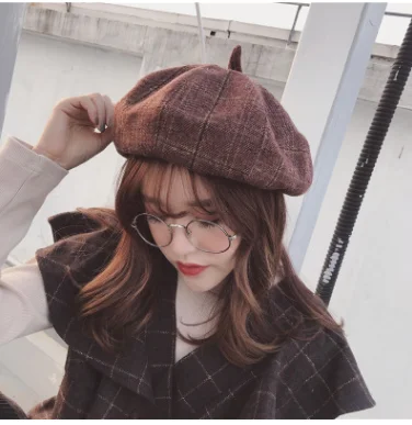 
Plaid pumpkin hat children autumn and winter Korean fashion literature retro Beret Japanese soft girl with British octagonal hat 
