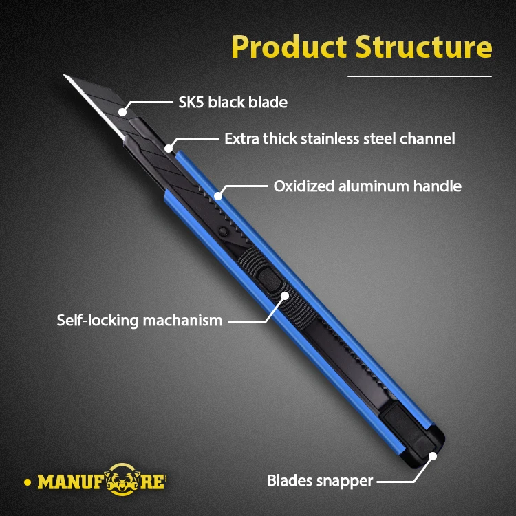 Manufore Plastic Aluminium Handle 9mm Snap Off Blades Blade Auto Lock Snap Off Black Cutter Blade Knife