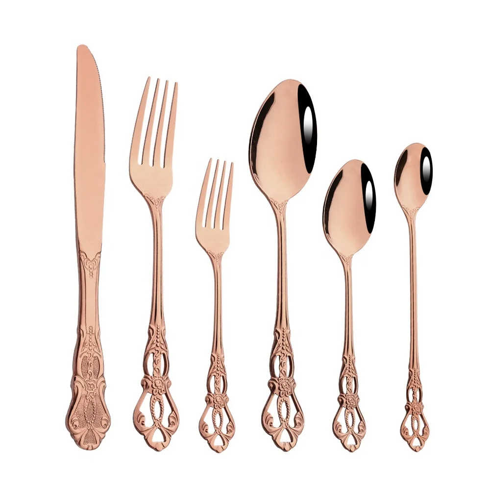 Dozen 12 pcs Gold Embossing Stamp Seafood Fork Cheese Knife Bouillon Spoon Cutlery Set Iced Teaspoon