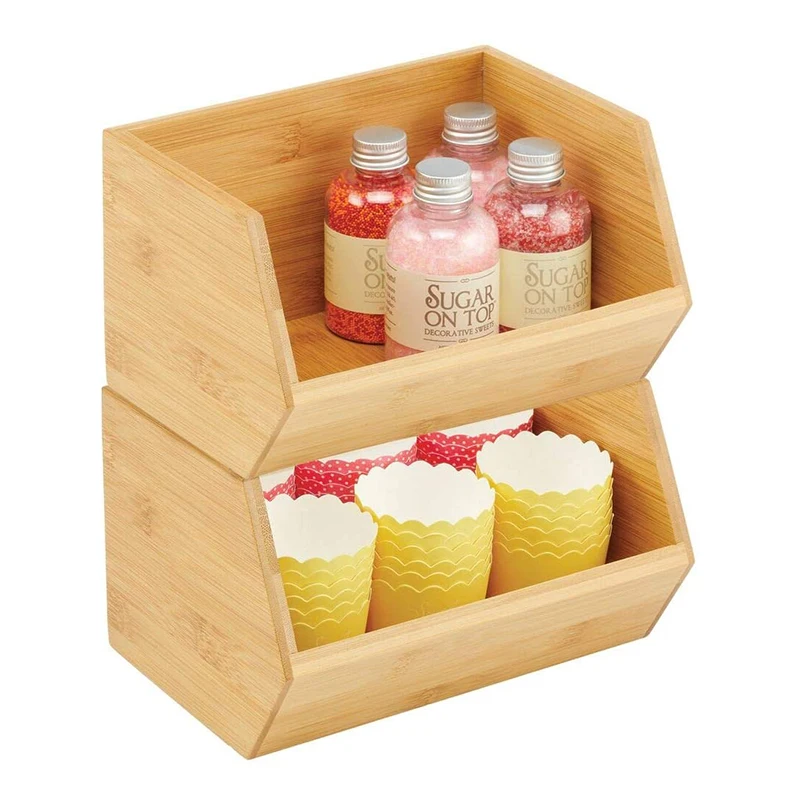 Bamboo Stackable Storage Bins Fruit Serving Basket Pantry Organizers and Storage Food Organize Box for Counter Top