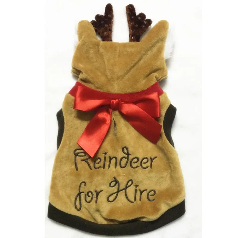 
Christmas reindeer pet hoodie with horns and bowties Winter warm pet cloth with embroidery fluffy soft 100% polyester costume 