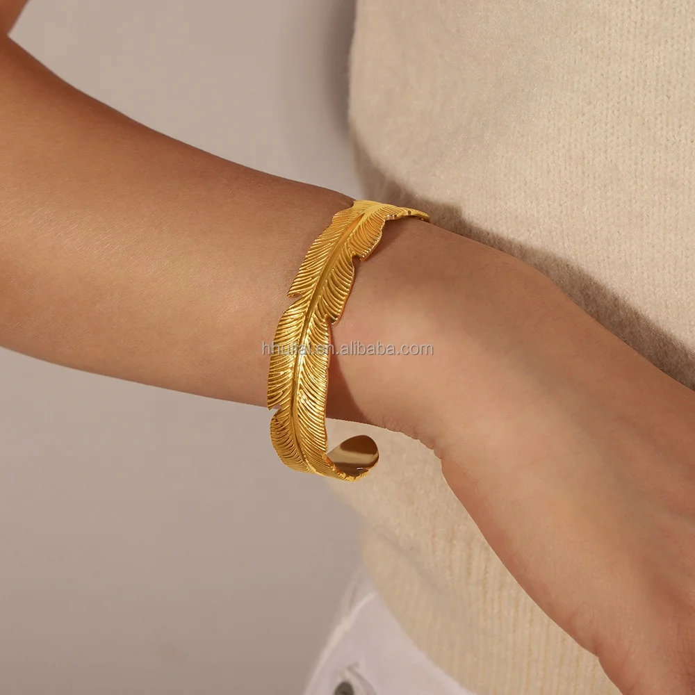 Wholesale Custom Fashion Jewelry Sets 18K Gold Stainless Steel Wide Face Leaf Feather Design Bracelet Bangles Ring Set For Women