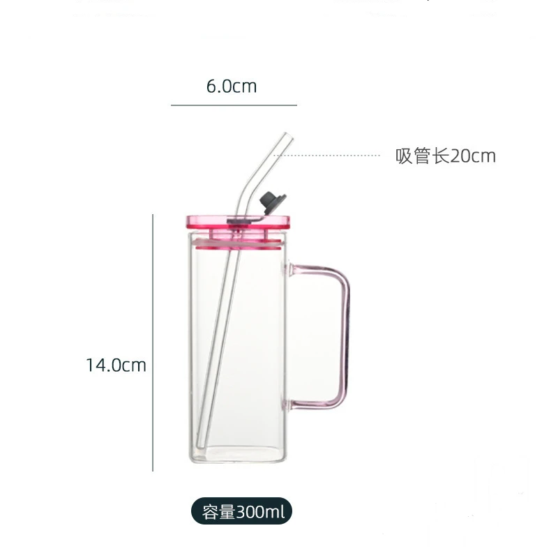 KK204  Clear Pink Green handle Cold Cups Clear SquareTumblers Borosilicate Glass beer Mug With Lids And Straw