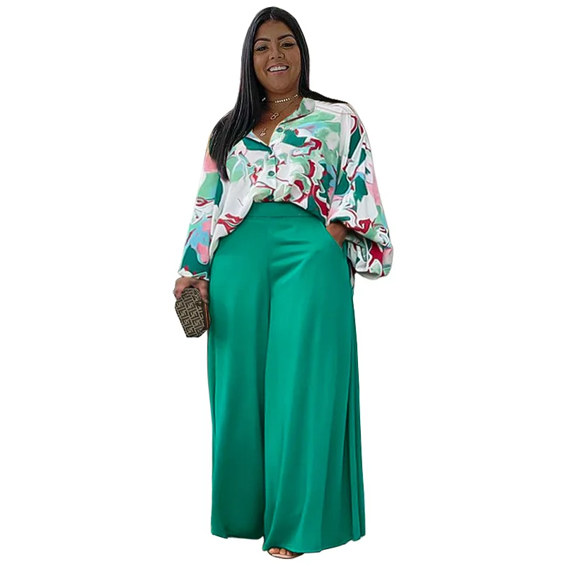 Hot selling women plus size New printed casual set loose lapel shirt high waist wide leg pants two pieces set