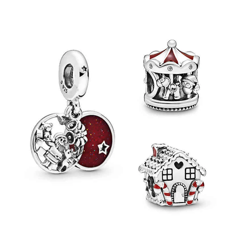 
925 Sterling Silver Red Santa Claus Christmas House charms pendants fit bracelets women Jewelry Christmas Gift 