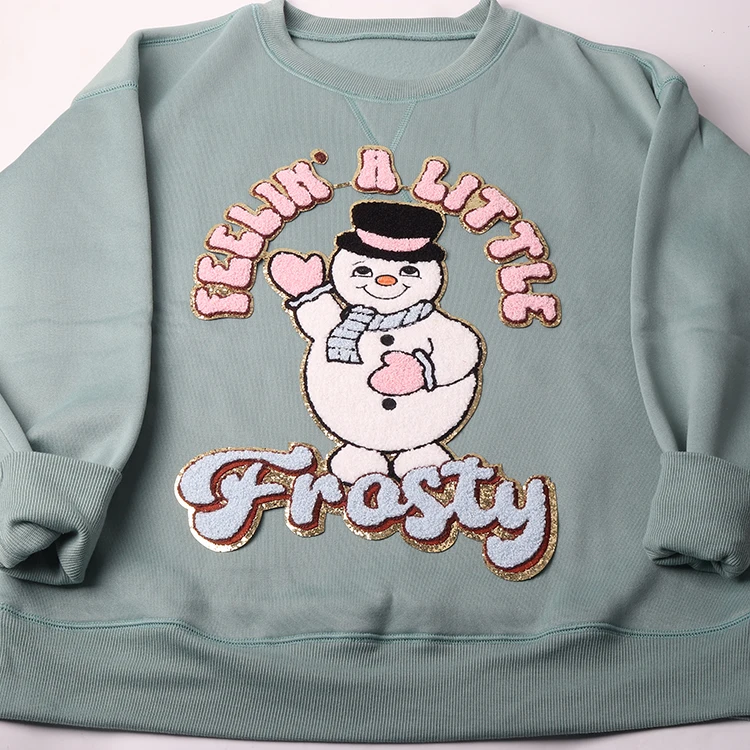 Larger Christmas fall iron on embroidery chenille patches hoodie big glitter pink chille frosty snowman patch for sweatshirt