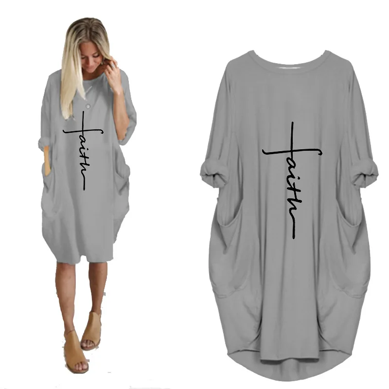 
Women Faith Oversize Baggy T Shirt Causal Loose Party Short Midi Dresses With Pockets 