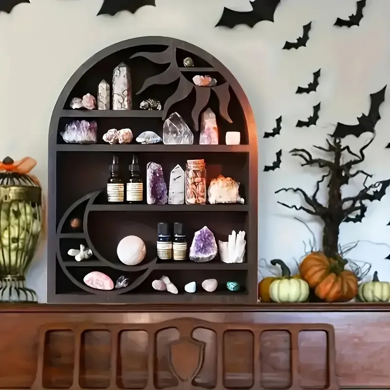 Unique Bohemian Moon Sun Wooden Wall Shelf for Scented Candles and Crystals Display Easy Install