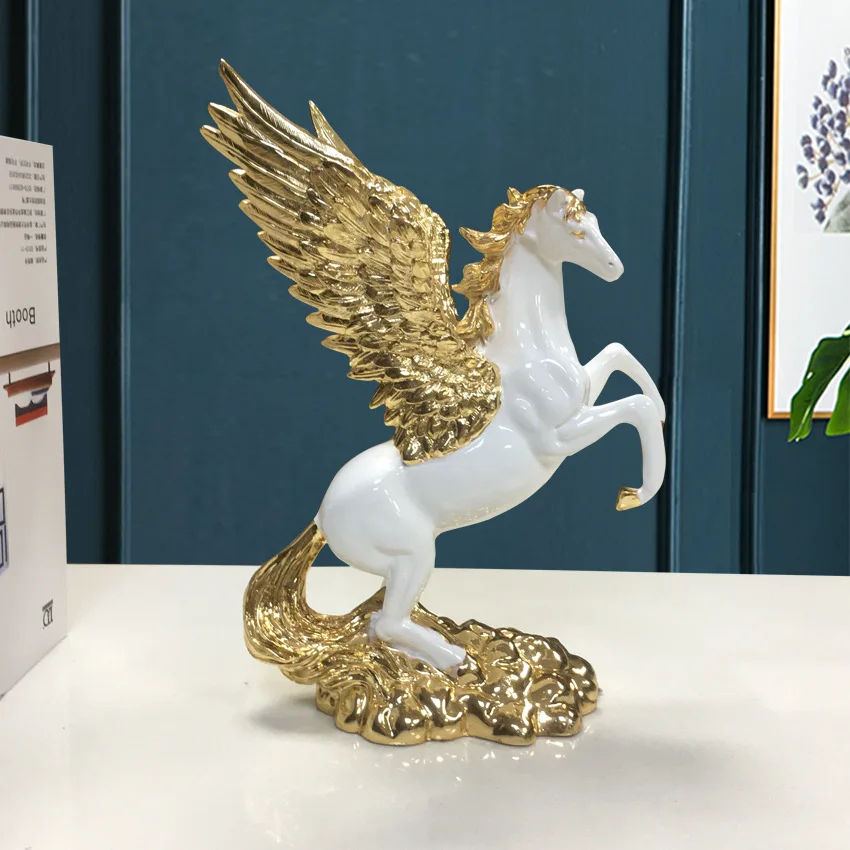 Wholesale resin decor electroplating horse jump wings Home Office decor winged pegasus horse toy with wings statue sculpture