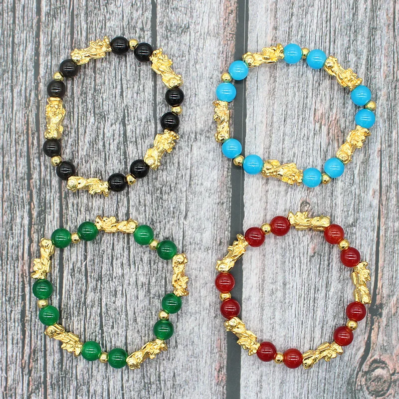 8MM Classic Elastic Gold Plated Pixiu Black Obsidian Shungite Bracelet Colorful Glass Beads Pixiu Lucky Bracelet