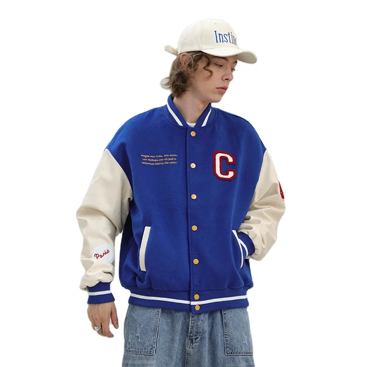 OEM Custom embroidery patch Printed Spring Fall Outdoor Coat contrast melton wool Men Bomber Jacket for man