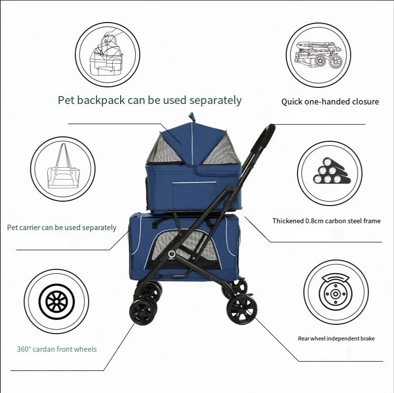 2 layer 4 Wheels detachable Travel Removable Pet Dog Trolley bag wholesale portable pet cat Stroller pet carrier