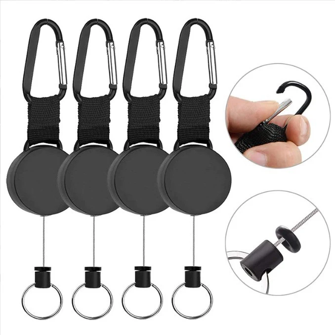 Custom Logo Retractable Metal Key Ring and Chain Multicolour Badges Reels Holder Carabiner Stainless Steel Wire Rope Keychain