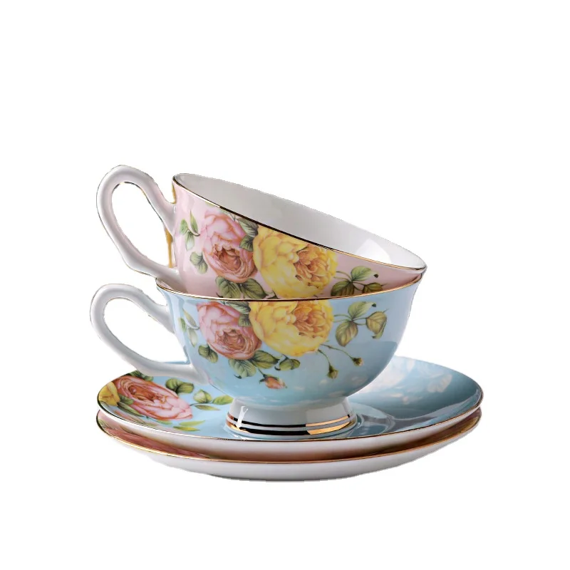 Wholesale Luxury Elegant 220ml Unique Style Customize Pattern Bone China Ceramic Coffee Cup And Saucers For Party Office