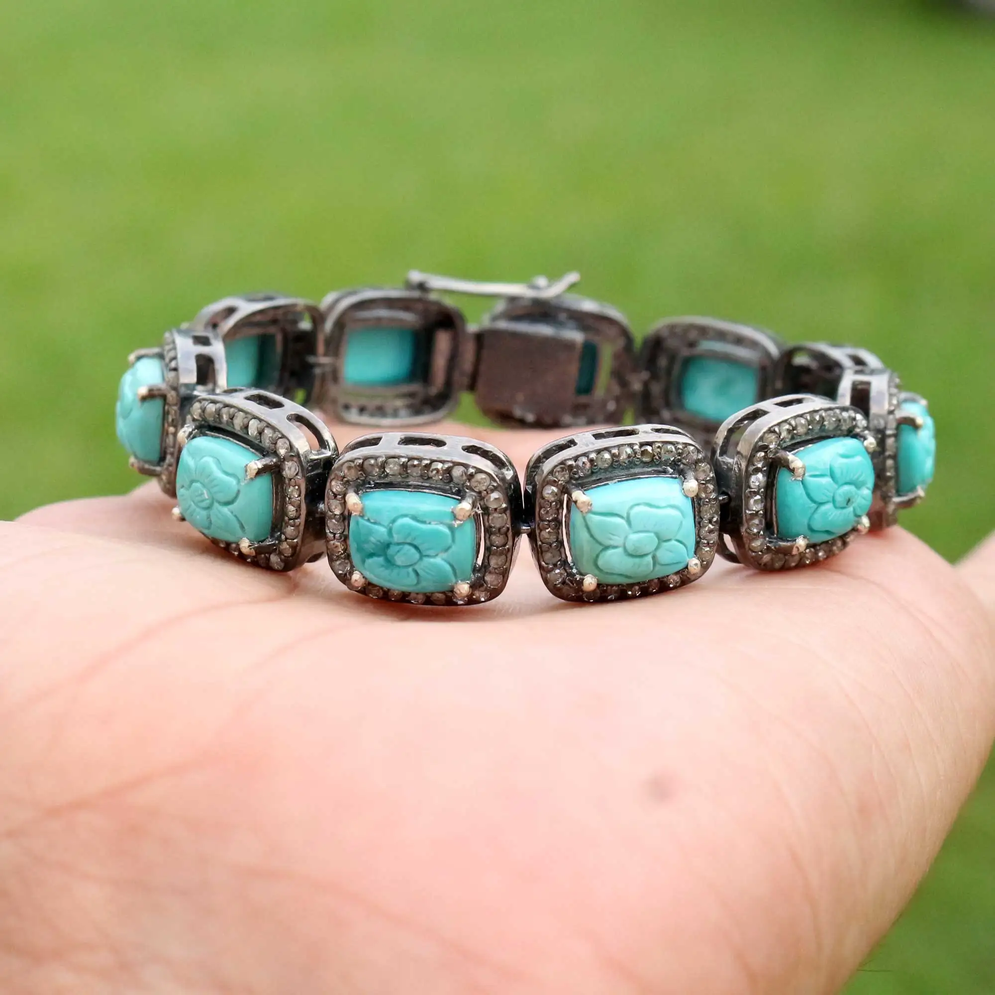 Natural Blue Turquoise Bracelet Diamond Gold Bracelets 14k Gold Turquoise Diamond Engagement Gold Bridal Bracelets