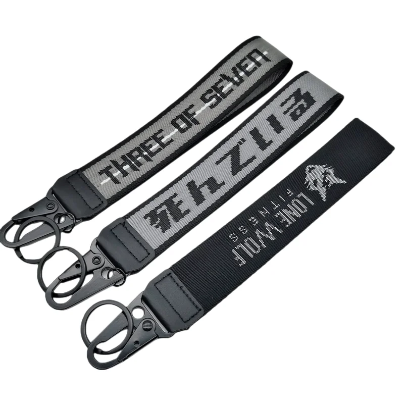 Personalized Brand Logo Keychain Custom Black Embroidery Jacquard Wrist Lanyard Key Chain Woven Jacquard Lanyard  Keychains