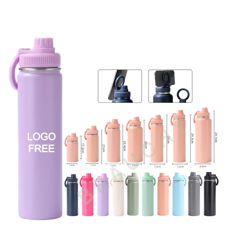 Beauchy 1 liter double wall stainless steel insulate water bottle with magnet mobile phone holder
