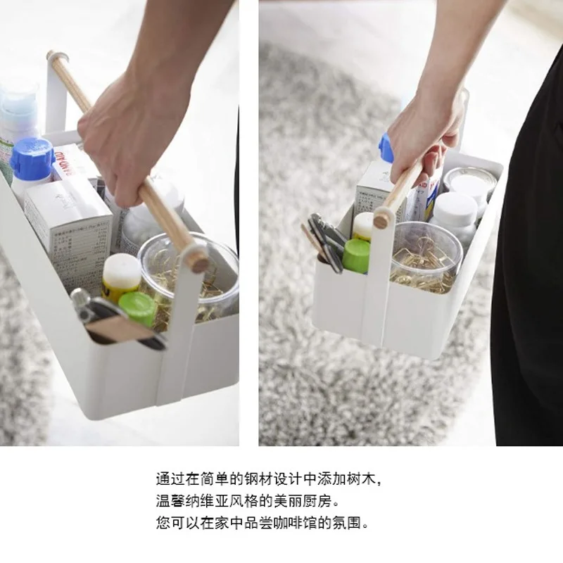 Japanese style desktop wrought iron cosmetic storage box wood pole portable large storage box