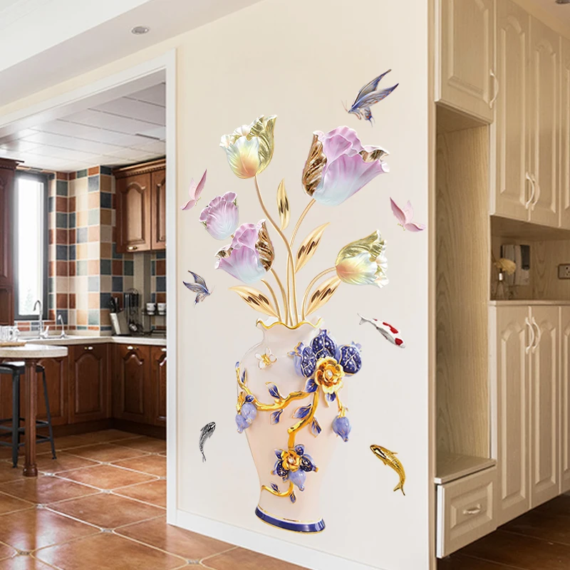 Chinese vase Vinyl  DIY PVC 3d Flower Wall Stickers Decoration for Home House Living Room Bedroom Decor Decals on the Wall