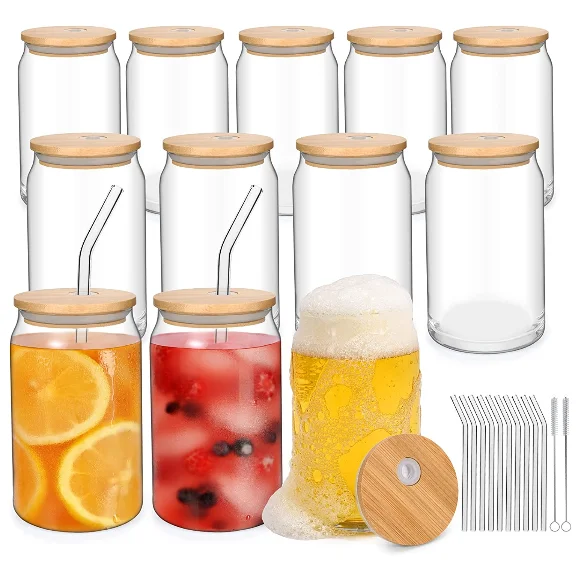 Online Hot 16oz Can Shaped Glass Cups Beer Iced Coffee Drinking Glasses with Bamboo Lids Straw