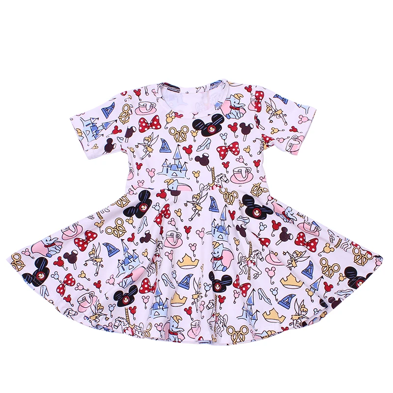 Kids wear with discount korean kids clothes Christmas cartoon milk silk dress with short sleeve girl twirl dress for party