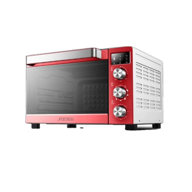 Zhongshan latest home use 35L 1600W countertop LED display red electric deck toaster oven with chicken rotisserie