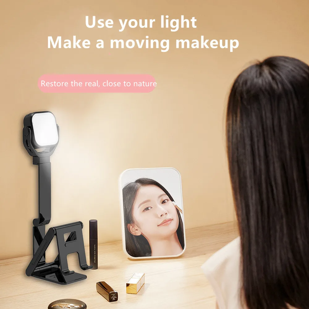 LED Dimmable Desk Mini Cell Phone Stand Holder With Ring Fill Light Metal Adjustable Fold Mobile Accessories Phone Stand