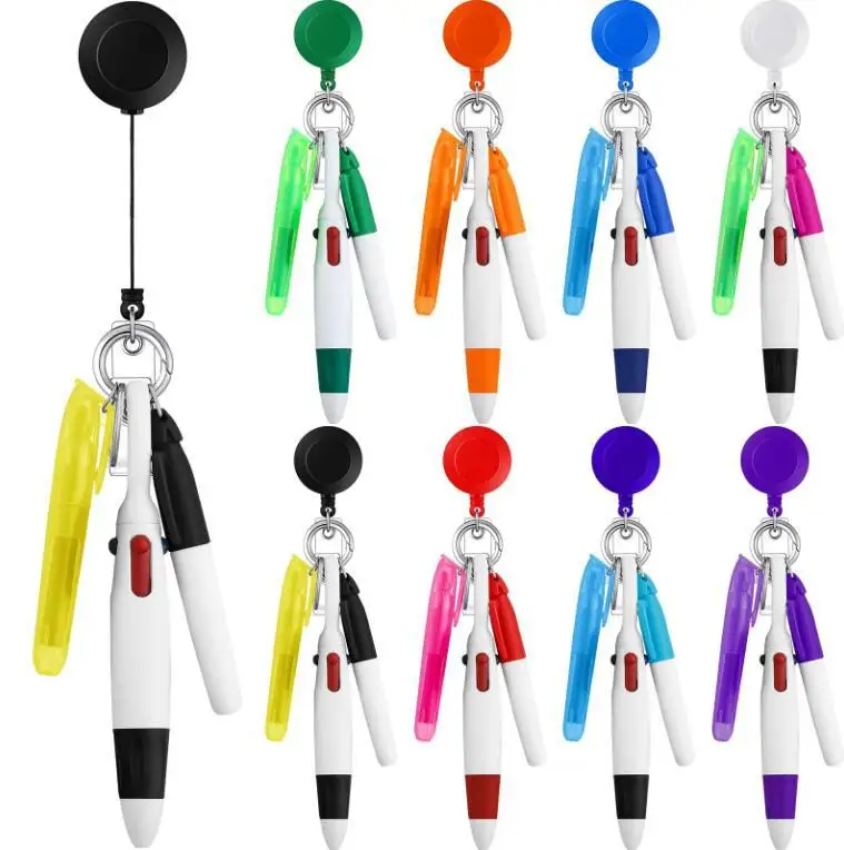Retractable Shuttle Pen Set Badge Reel Mini Highlighter Neon Marker Pen Key Chain Retractable Badge Reel Badge Holder