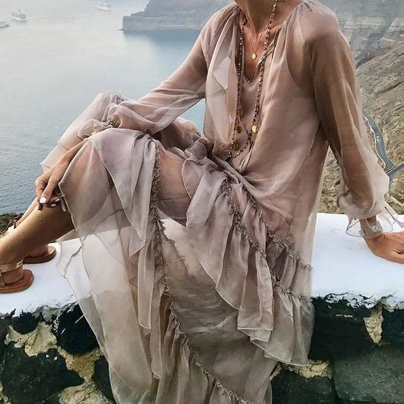 2024 Plus Size Bohemian Sundress Lace Vestido Transparent Loose Layered Beach Holiday Maxi Dress