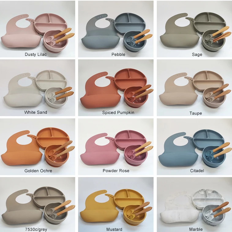 
Custom Logo Kids Feeding Silicone Baby Bowl Set Bib Suction Plate with Wooden Handle Spoon Fork 