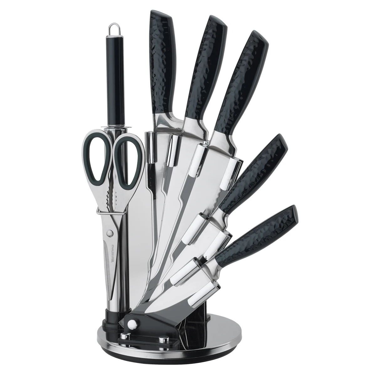 
Stainless Steel Knife Block Set with Acrylic Stand Ultra Sharp Chef Knife Scissors Peeler and Knife Sharpener 