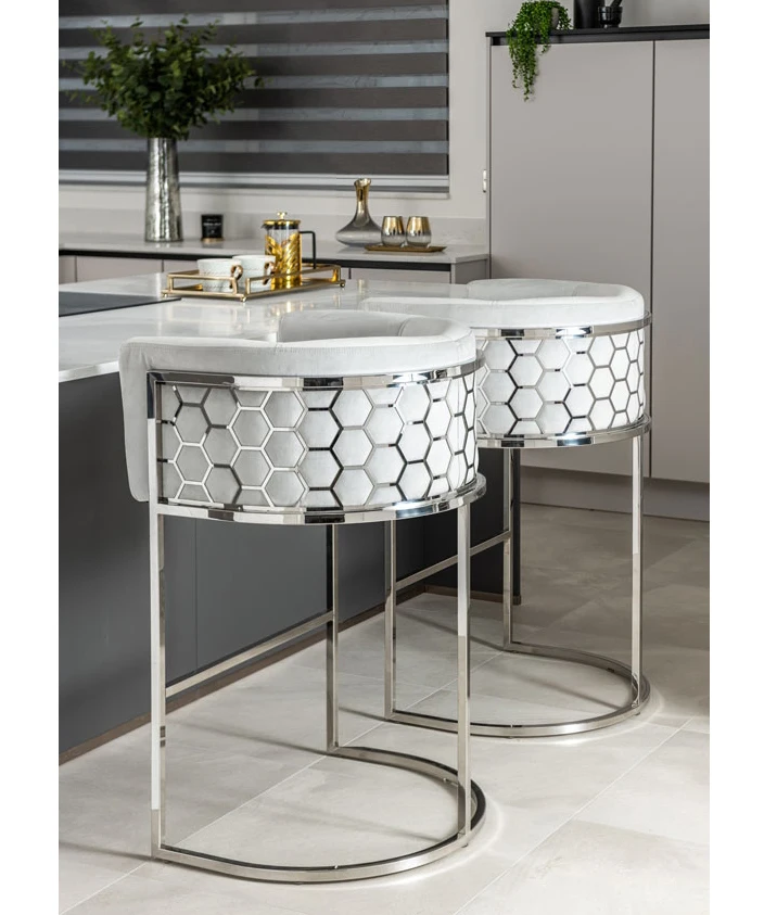 
Laser Honeycomb Pattern Stainless Steel High Bar Stool Commercial Velvet Fabric Bar Chair Furniture In Silver 