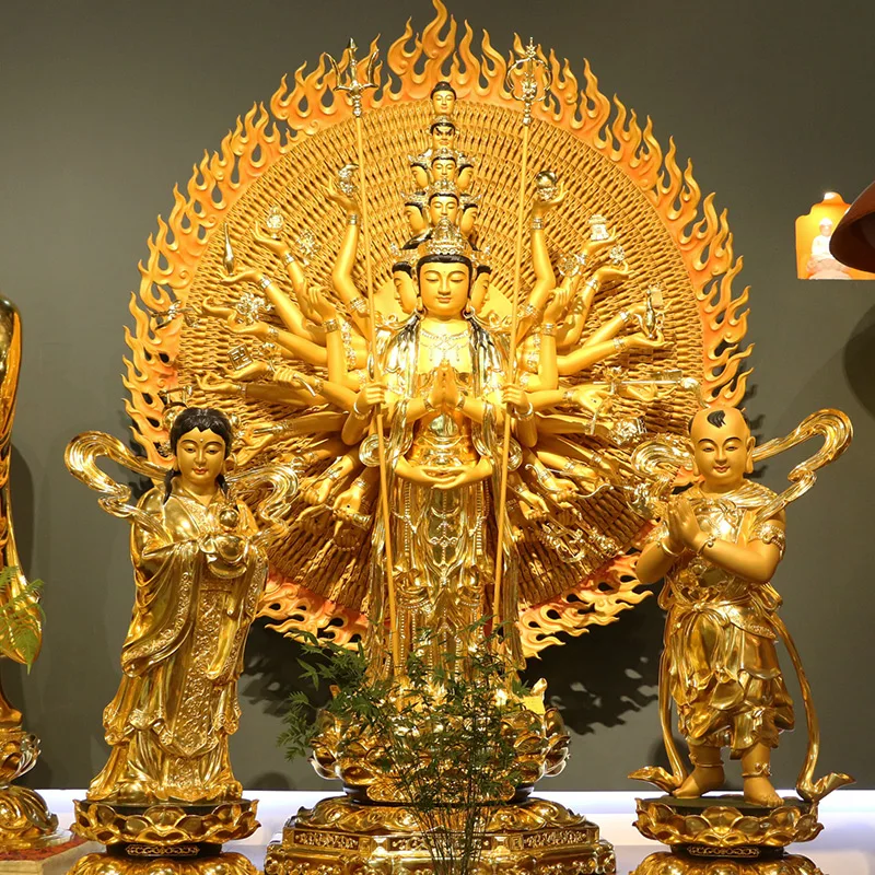 Copper Thousand Hands Guanyin Bodhisattva Buddha Statue Golden Boy Jade Girl Combination Good Fortune Boy Dragon Statue