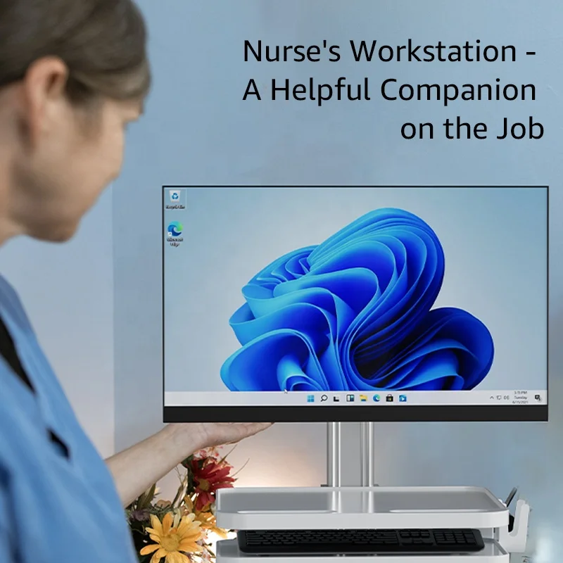 Pneumatic Type Mobile Cart Workstation Adjustable for Lifting and Lowering Medical Trolley Cart  with All-in-one Computer