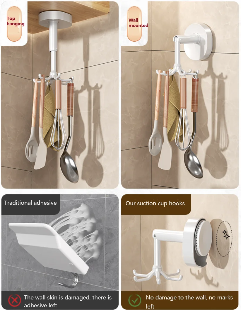 White Multi-purpose Vacuum Suction Cup Kitchen Hanging Hooks 360 Degree Rotating Folding Hook with 6 Hooks for Kitchen Bathroom