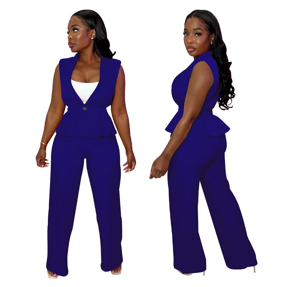 Summer Fashion 2 Piece Set Women Shawl Collar Sleeveless Casual Two-piece Pants Suits