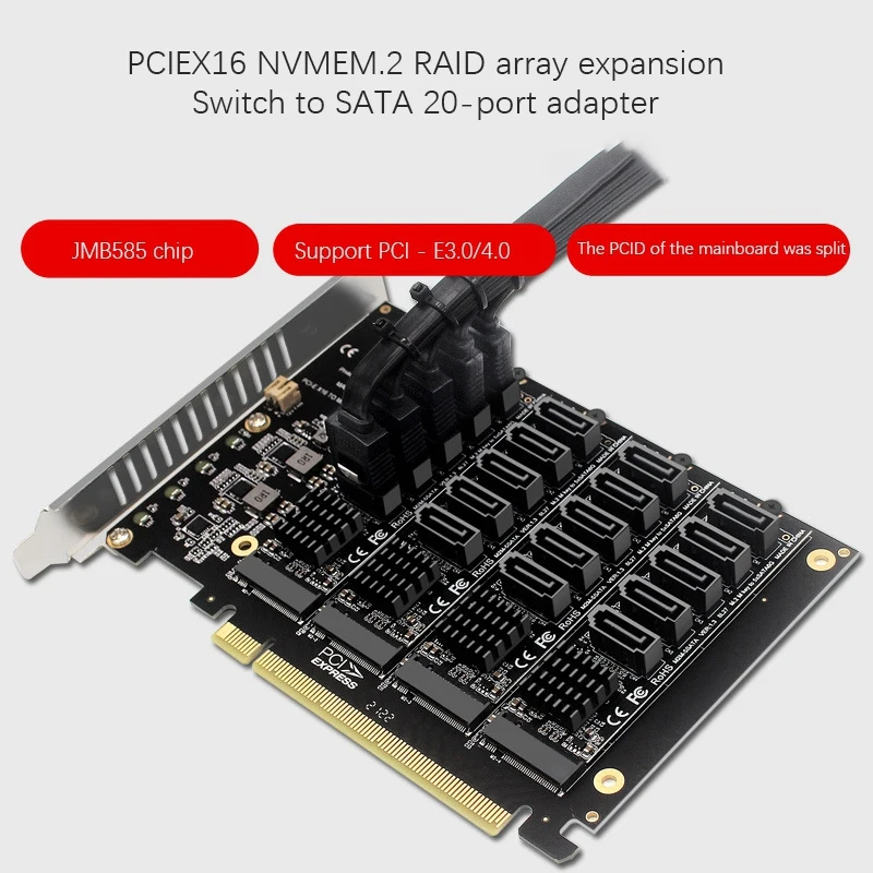 PCI-E 20 ports SATA Expansion Card PCIE X16 NVME M.2 RAID Array Expansion To 20-Port Adapter JMB585 Chip