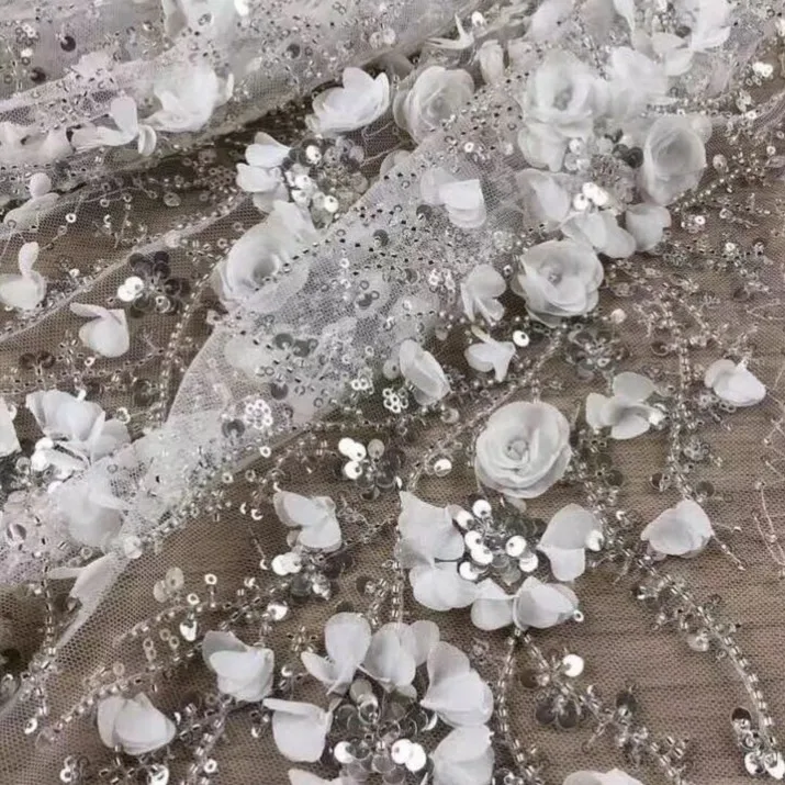 Latest design new beaded white bridal fabric lace embroidery 3d flower 2021