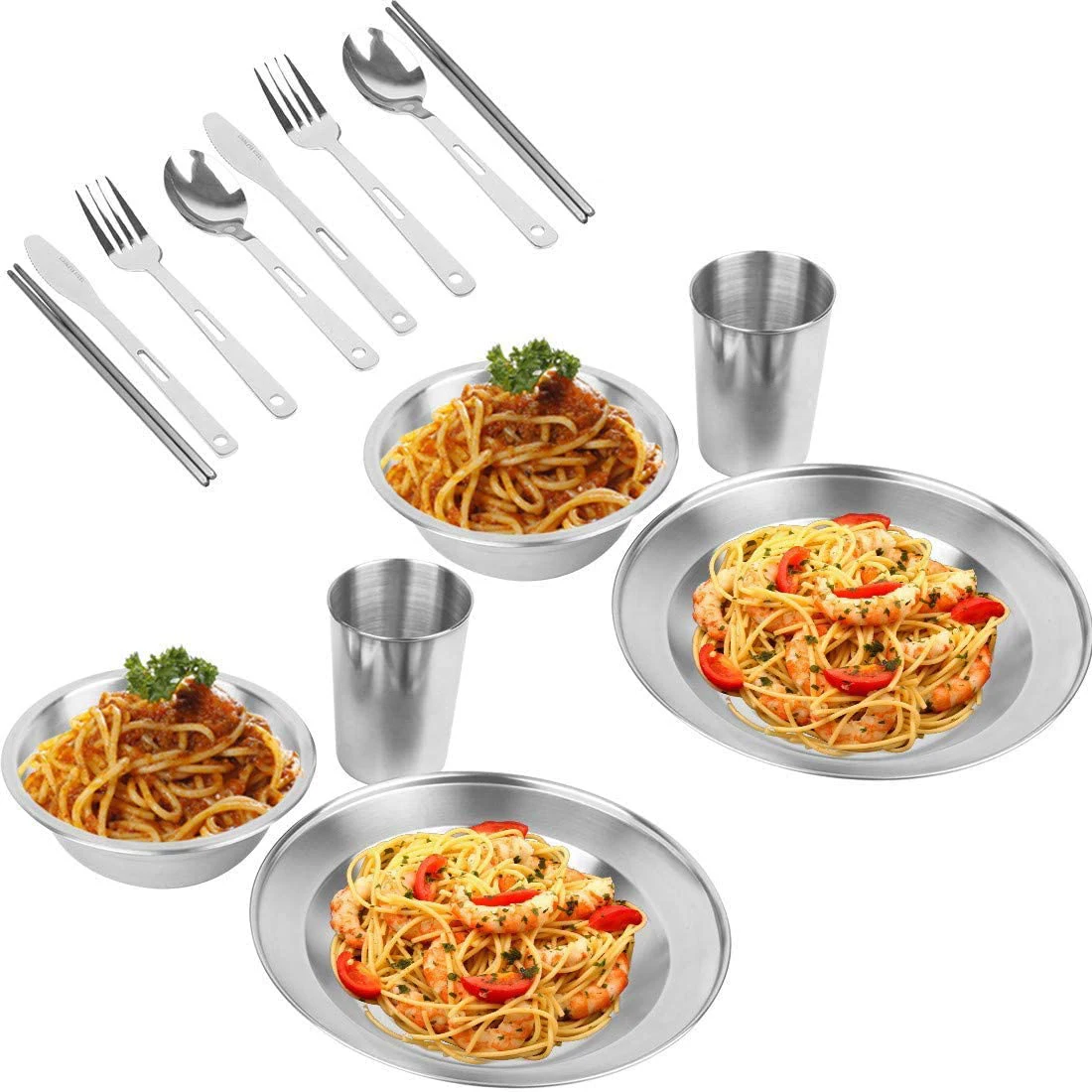 Stainless Steel Tableware Mess Kit Includes Plate Bowl Cup Spoon Fork Knife Chopsticks & Mesh Bag for Camping 4 Person