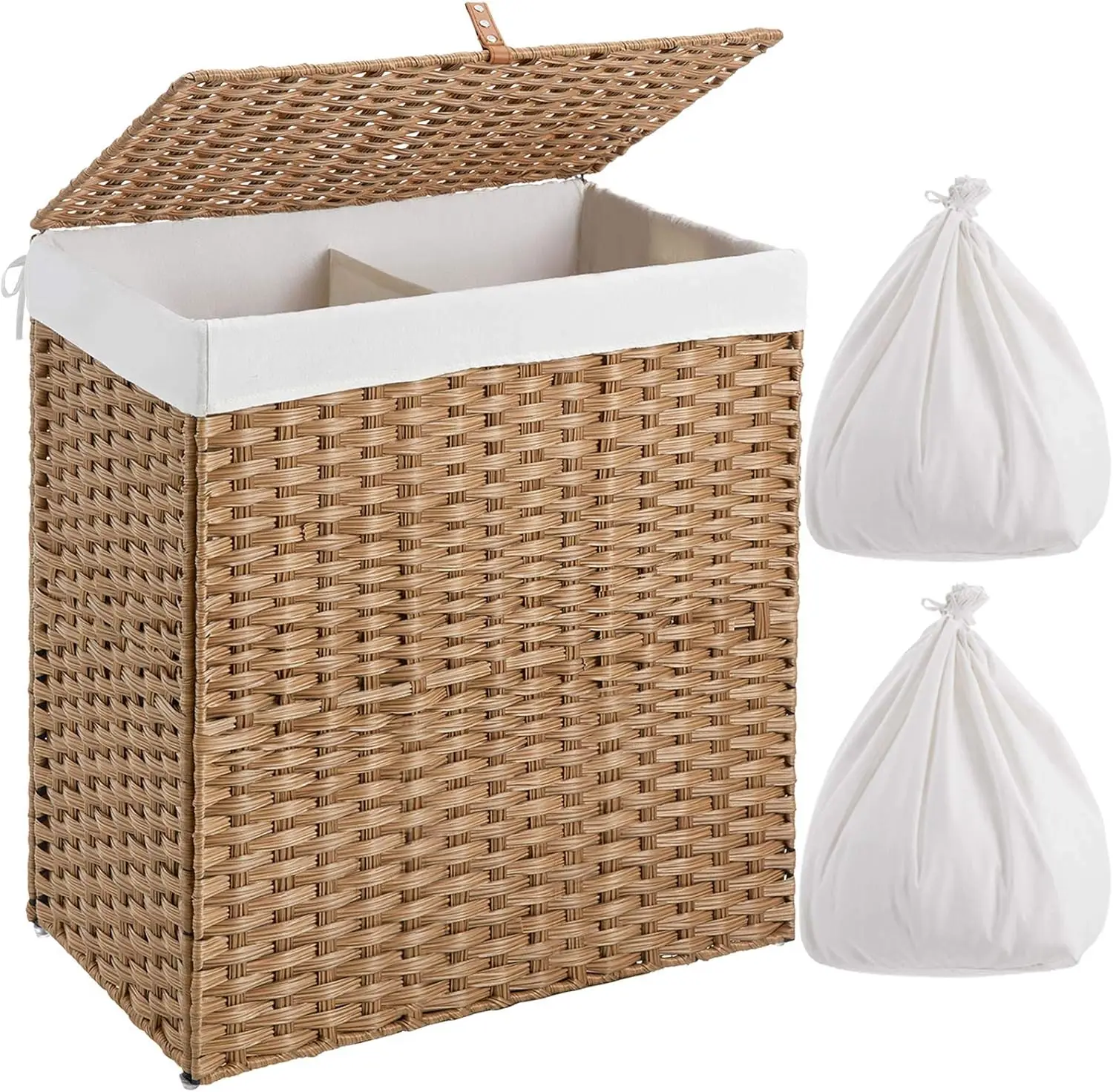 Laundry Hamper with lid, 110L Wicker Laundry Baskets Foldable 2 Removable Liner Bags, 2 Section  Laundry Basket with Handles