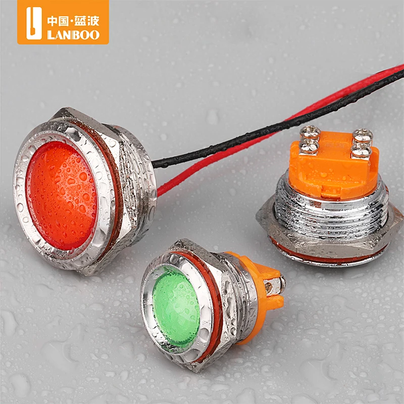 Светодиодная металлическая панельная сигнальная лампа LANBOO, 16/19/22/25 мм, Матовый Световой индикатор высокой яркости, 220 В, IP67, винтовые контакты, красный, зеленый