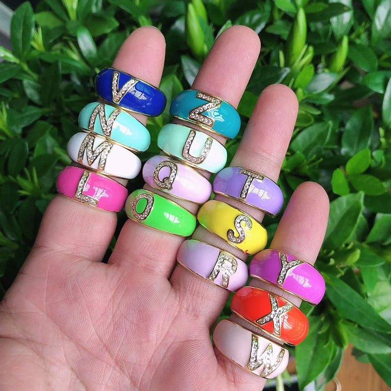 Personality 26 English Letter Enamel Finger Rings Adjustable Colorful Opening Men Fesale Diamond Zircon Ring