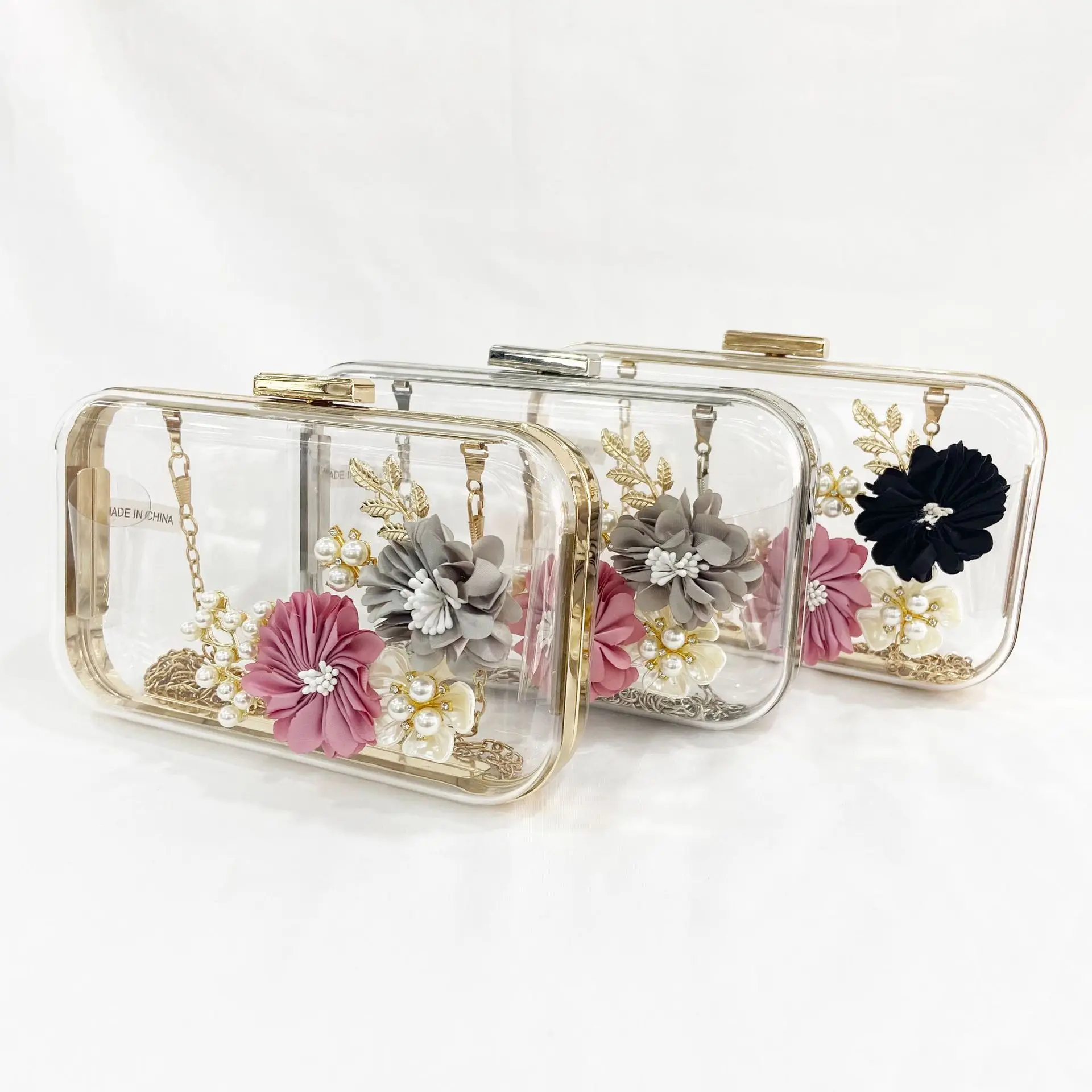 Clear Acrylic Purses and Handbags with Flowers for Women Box Clutch Elegant Banquet Evening Cross-body Handbag