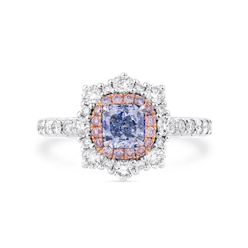 18k Rose White Gold Plated Fancy Blue Radiant Cut Diamond Ring for Women