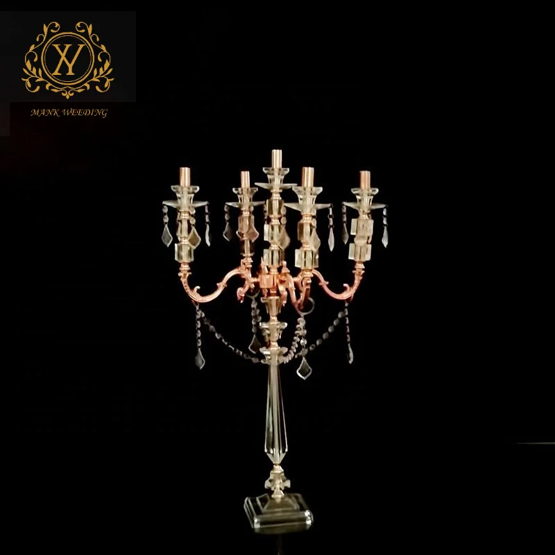 Retro Candelabras Electroplated Golden Crystal Candlestick Tall Metal Wedding Candle Holder for Party Decoration