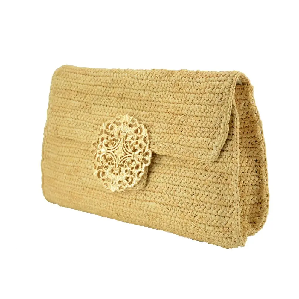 New design metal ring trimmed handmade crocheted natural raffia straw clutch for the summer