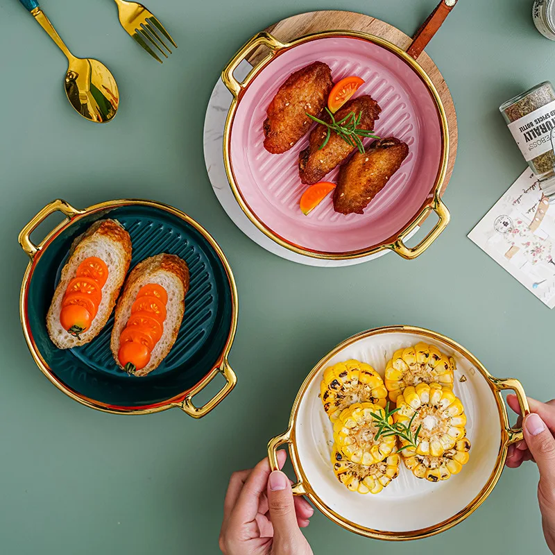 Nordic Luxury Ceramic Double Ear Bowl Modern Design Tableware for Instant Noodles Rice Soup Fruit Salad Big Tureen Plant Pattern