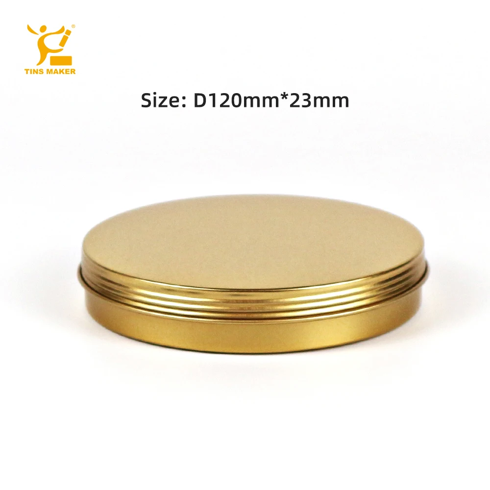 Eco friendly custom seamless print round metal box tin can 4oz gold black food grade candy tea aluminum tins